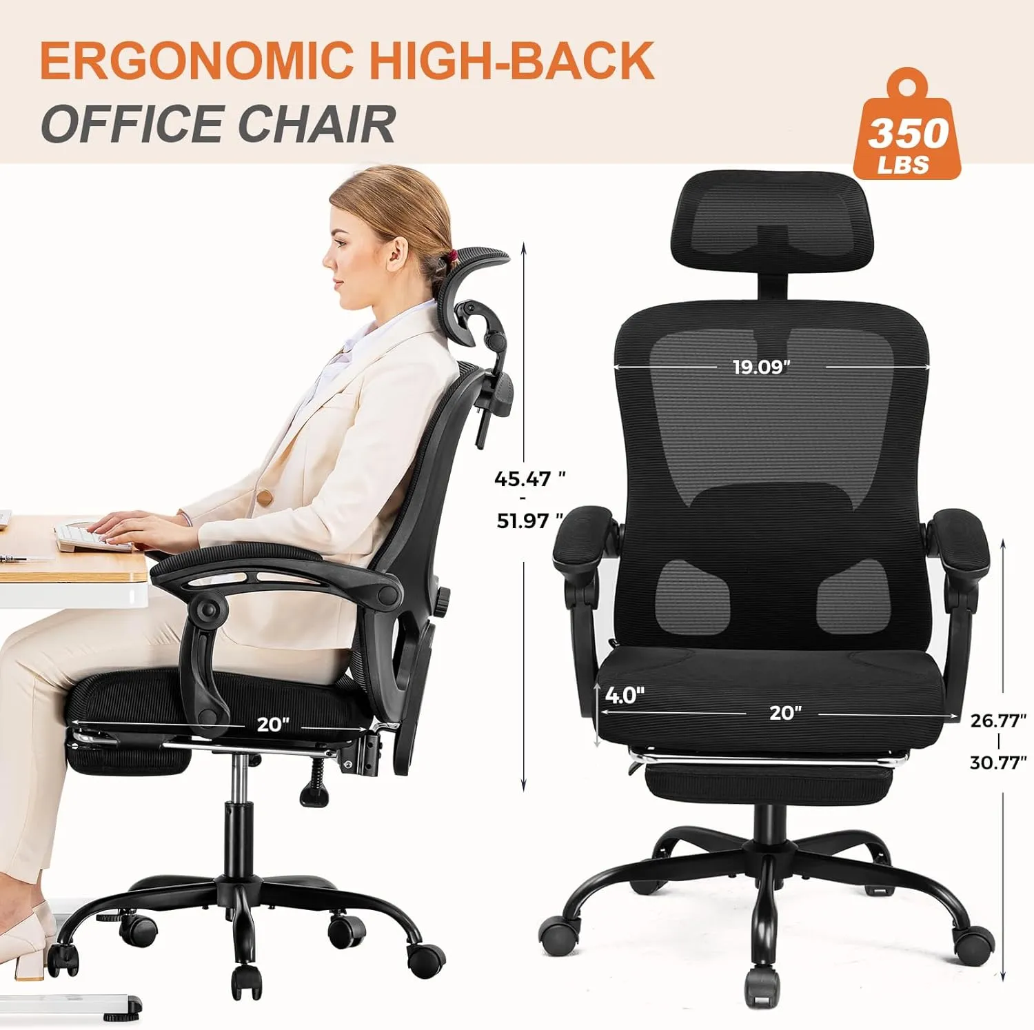 GTRACING Ergonomic High-Back Office Chair with Strong Adjustable Lumbar Support Breathable Mesh Gaming Chair with Wide Seat Footrest Sturdy Computer Desk Chair with SGS Certified Class 3 Gas Cylinder