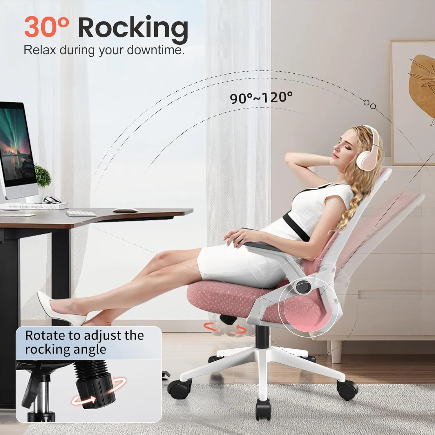 GTRACING Ergonomic Office Chair with Flip-up Armrests Executive Computer Chair for Home Office, Breathable Mesh & Adaptive Lumbar Support, Pink