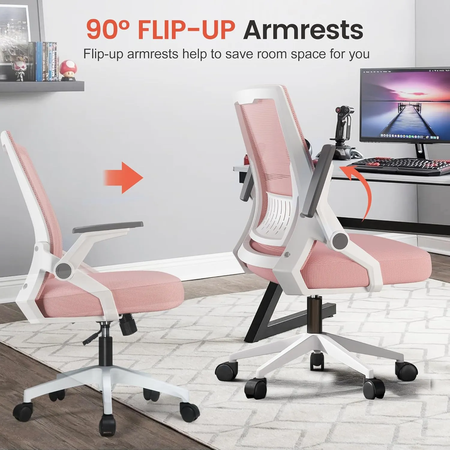 GTRACING Ergonomic Office Chair with Flip-up Armrests Executive Computer Chair for Home Office, Breathable Mesh & Adaptive Lumbar Support, Pink
