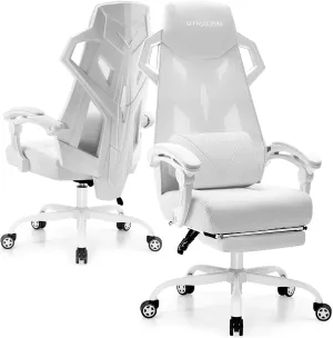 GTRACING Gaming Chair, Computer Chair with Mesh Back, Ergonomic Gaming Chair with Footrest, Reclining Game Chair with Adjustable Headrest and Lumbar Support for Gaming and Office (White)