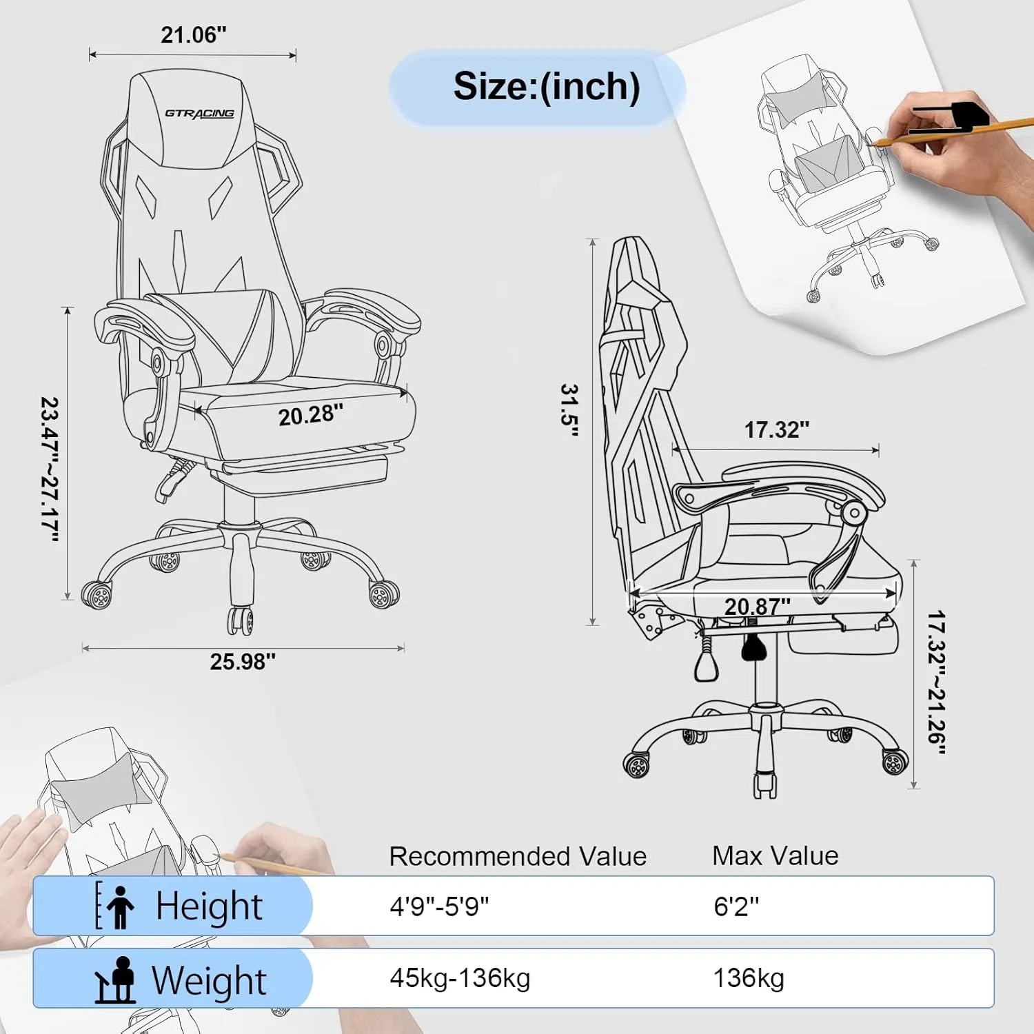 GTRACING Gaming Chair, Computer Chair with Mesh Back, Ergonomic Gaming Chair with Footrest, Reclining Gamer Chair with Adjustable Headrest and Lumbar Support for Gaming and Office (Black)