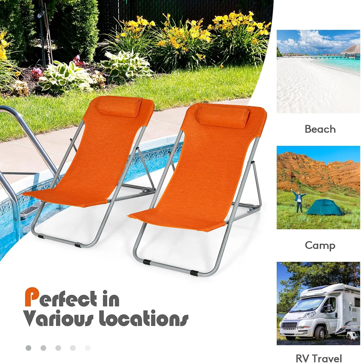 GYMAX Beach Chair, 2Pcs Low Beach Lounge for Adults with 3-Level Adjustable Backrest & Removable Pillow, Portable Reclining Camping Chair for Outside, Patio, Lawn, Poolside, Fishing (2, Orange)