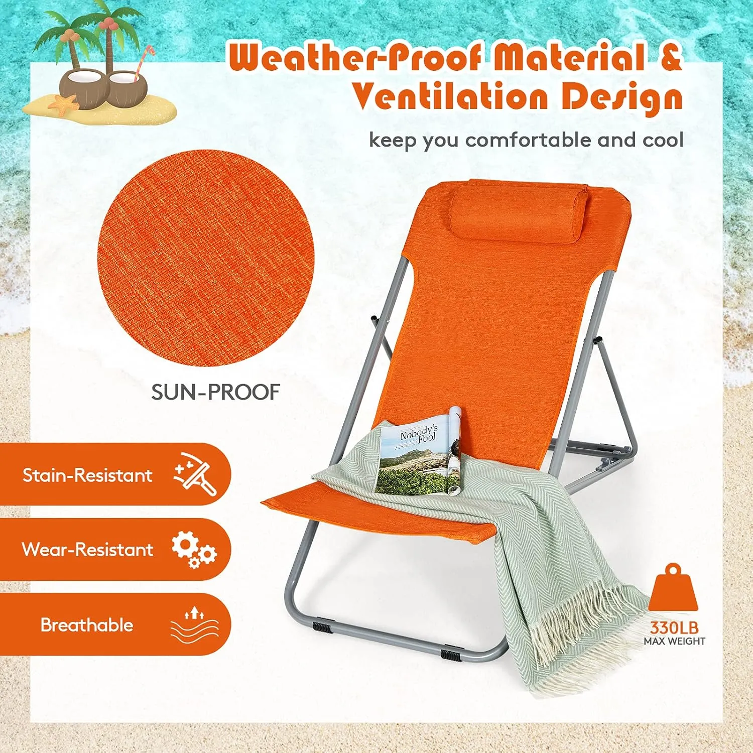 GYMAX Beach Chair, 2Pcs Low Beach Lounge for Adults with 3-Level Adjustable Backrest & Removable Pillow, Portable Reclining Camping Chair for Outside, Patio, Lawn, Poolside, Fishing (2, Orange)