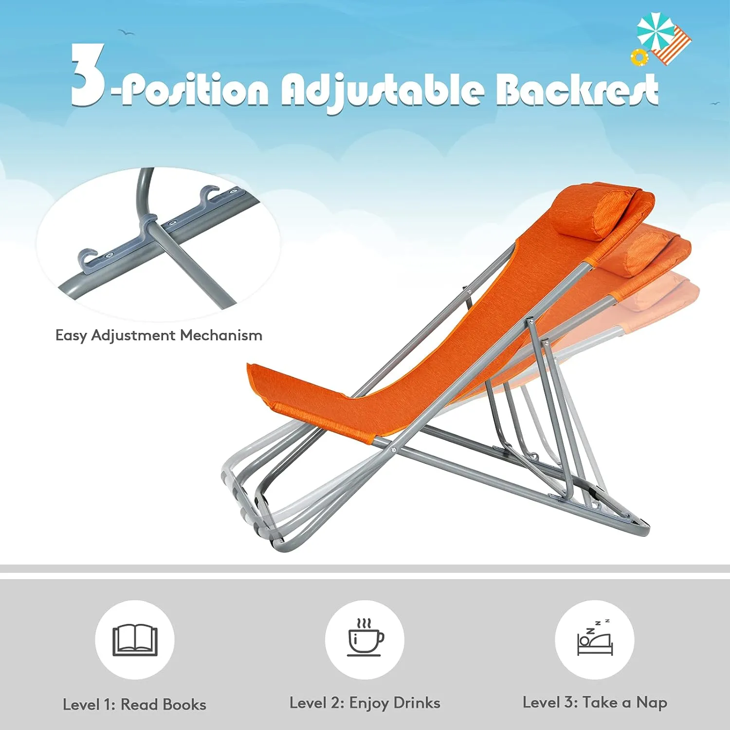 GYMAX Beach Chair, 2Pcs Low Beach Lounge for Adults with 3-Level Adjustable Backrest & Removable Pillow, Portable Reclining Camping Chair for Outside, Patio, Lawn, Poolside, Fishing (2, Orange)