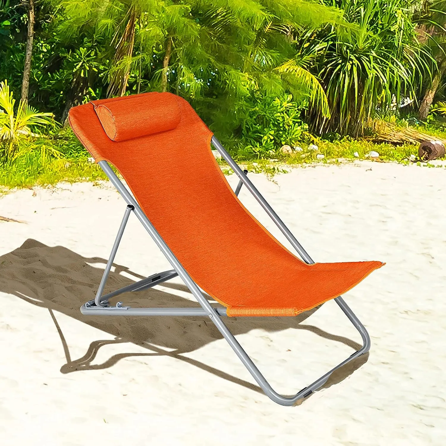 GYMAX Beach Chair, 2Pcs Low Beach Lounge for Adults with 3-Level Adjustable Backrest & Removable Pillow, Portable Reclining Camping Chair for Outside, Patio, Lawn, Poolside, Fishing (2, Orange)