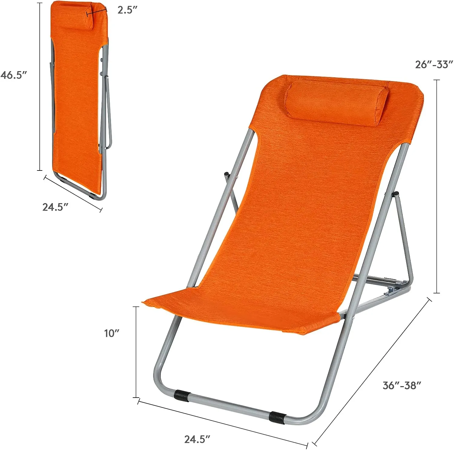 GYMAX Beach Chair, 2Pcs Low Beach Lounge for Adults with 3-Level Adjustable Backrest & Removable Pillow, Portable Reclining Camping Chair for Outside, Patio, Lawn, Poolside, Fishing (2, Orange)