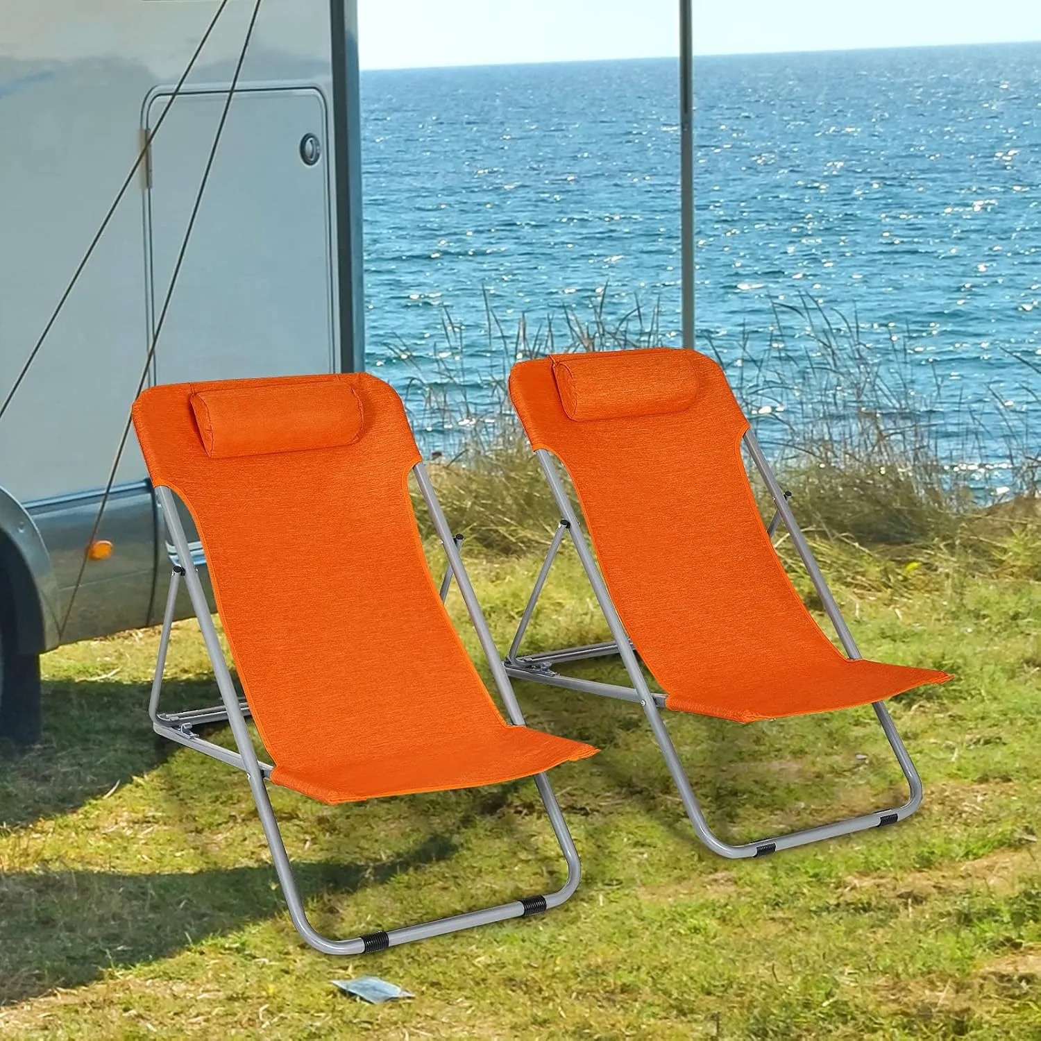 GYMAX Beach Chair, 2Pcs Low Beach Lounge for Adults with 3-Level Adjustable Backrest & Removable Pillow, Portable Reclining Camping Chair for Outside, Patio, Lawn, Poolside, Fishing (2, Orange)
