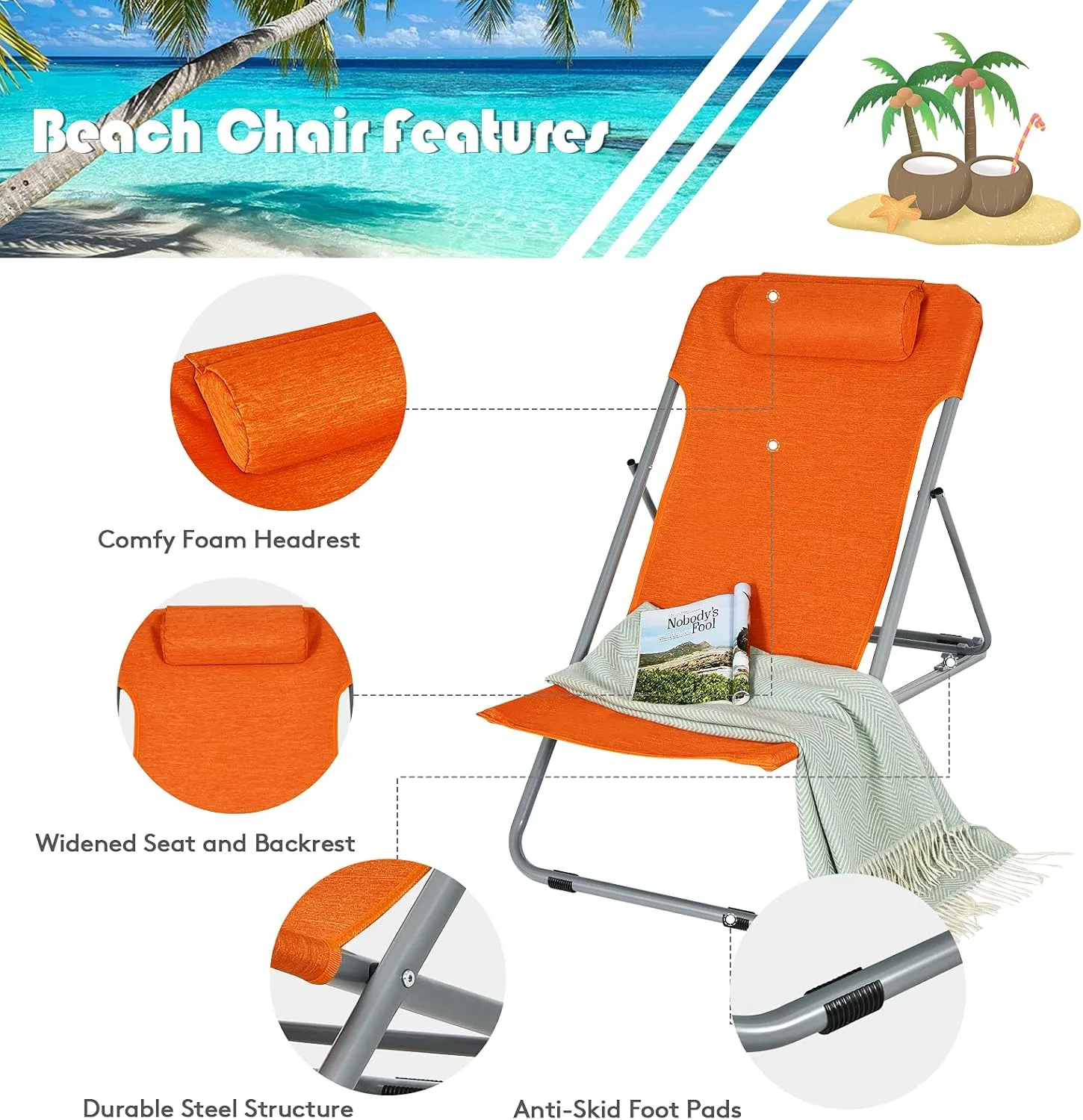 GYMAX Beach Chair, 2Pcs Low Beach Lounge for Adults with 3-Level Adjustable Backrest & Removable Pillow, Portable Reclining Camping Chair for Outside, Patio, Lawn, Poolside, Fishing (2, Orange)