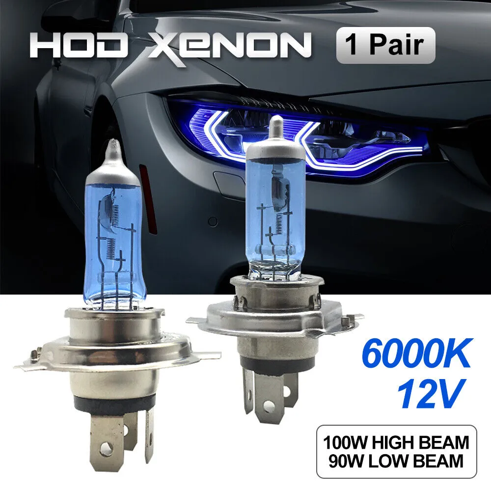 H4 HEADLIGHT GLOBES CAR LIGHT BULBS 6000K 100/90W 12V XENON SUPER WHITE (1 Pair)