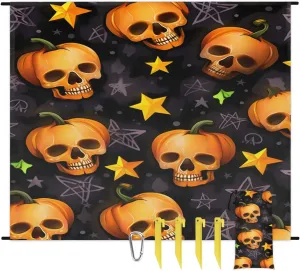 Halloween Holiday Beach Blanket, Sandproof Beach Mat, 68 x 59 Waterproof Quick Drying Sand Free Mat with 4 x Ground Spikes for Outdoor Travel Camping Hiking, Retro Gothic Skull Pumpkin