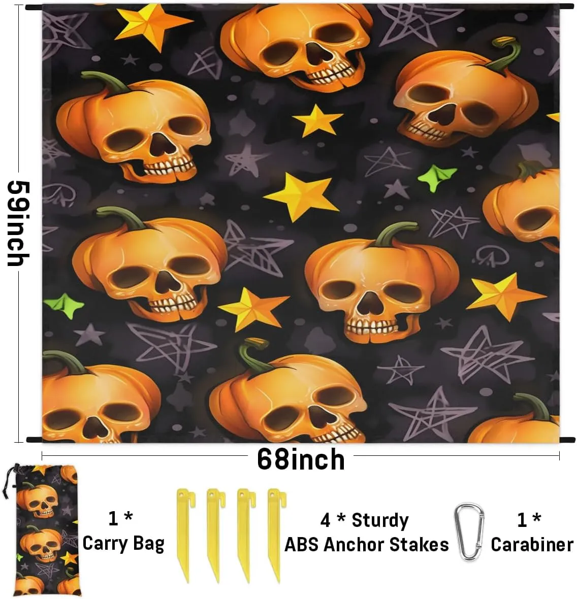 Halloween Holiday Beach Blanket, Sandproof Beach Mat, 68 x 59 Waterproof Quick Drying Sand Free Mat with 4 x Ground Spikes for Outdoor Travel Camping Hiking, Retro Gothic Skull Pumpkin