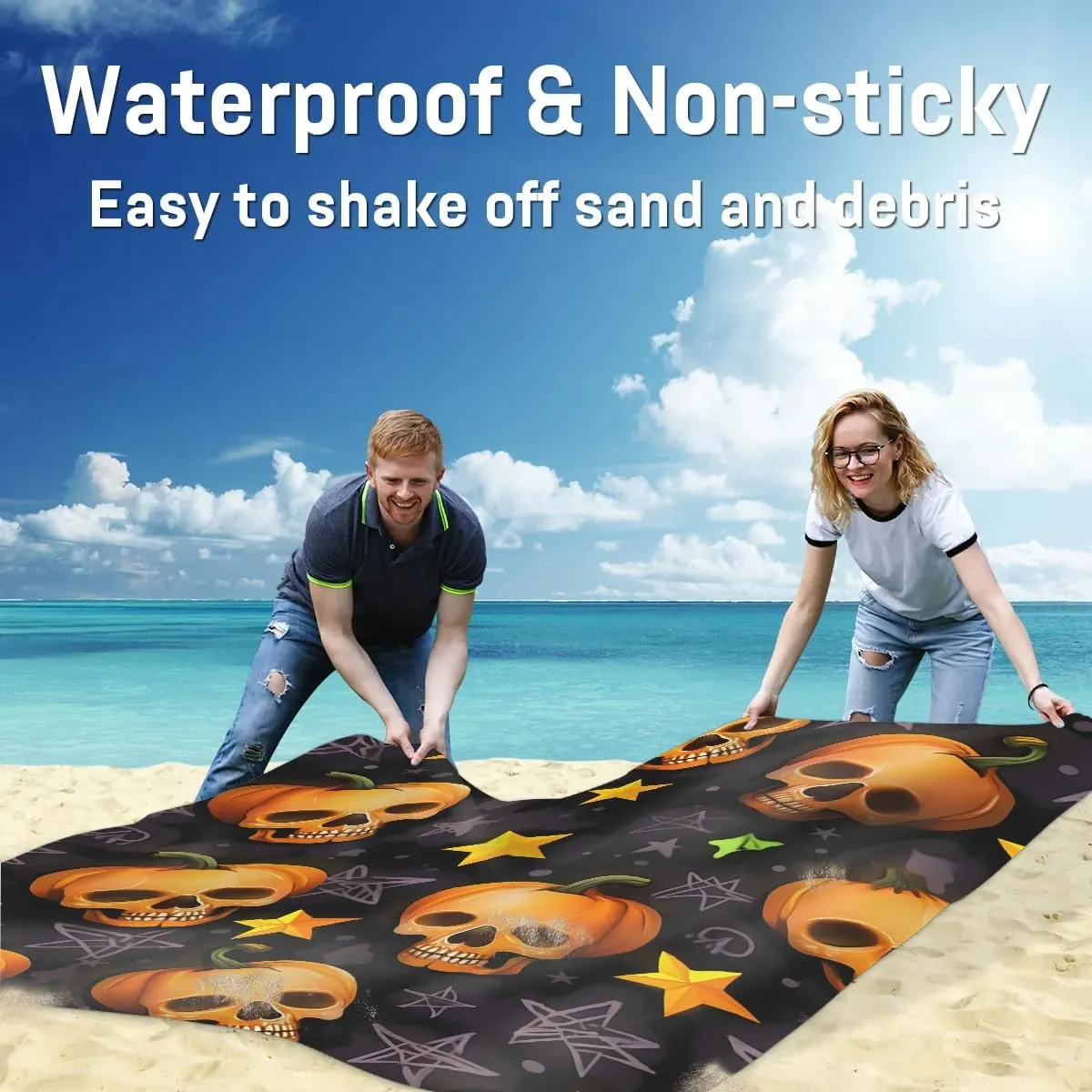 Halloween Holiday Beach Blanket, Sandproof Beach Mat, 68 x 59 Waterproof Quick Drying Sand Free Mat with 4 x Ground Spikes for Outdoor Travel Camping Hiking, Retro Gothic Skull Pumpkin