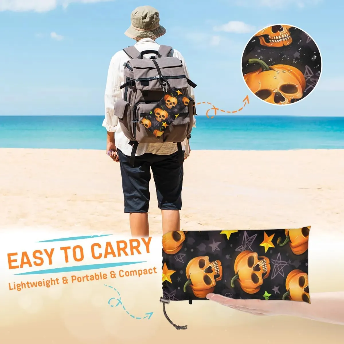 Halloween Holiday Beach Blanket, Sandproof Beach Mat, 68 x 59 Waterproof Quick Drying Sand Free Mat with 4 x Ground Spikes for Outdoor Travel Camping Hiking, Retro Gothic Skull Pumpkin