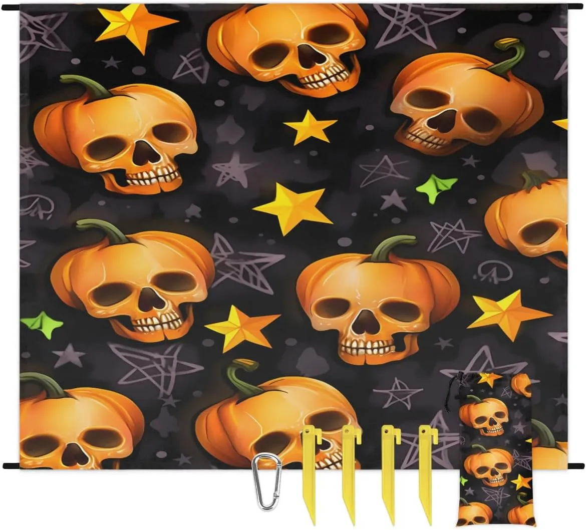 Halloween Holiday Beach Blanket, Sandproof Beach Mat, 68 x 59 Waterproof Quick Drying Sand Free Mat with 4 x Ground Spikes for Outdoor Travel Camping Hiking, Retro Gothic Skull Pumpkin