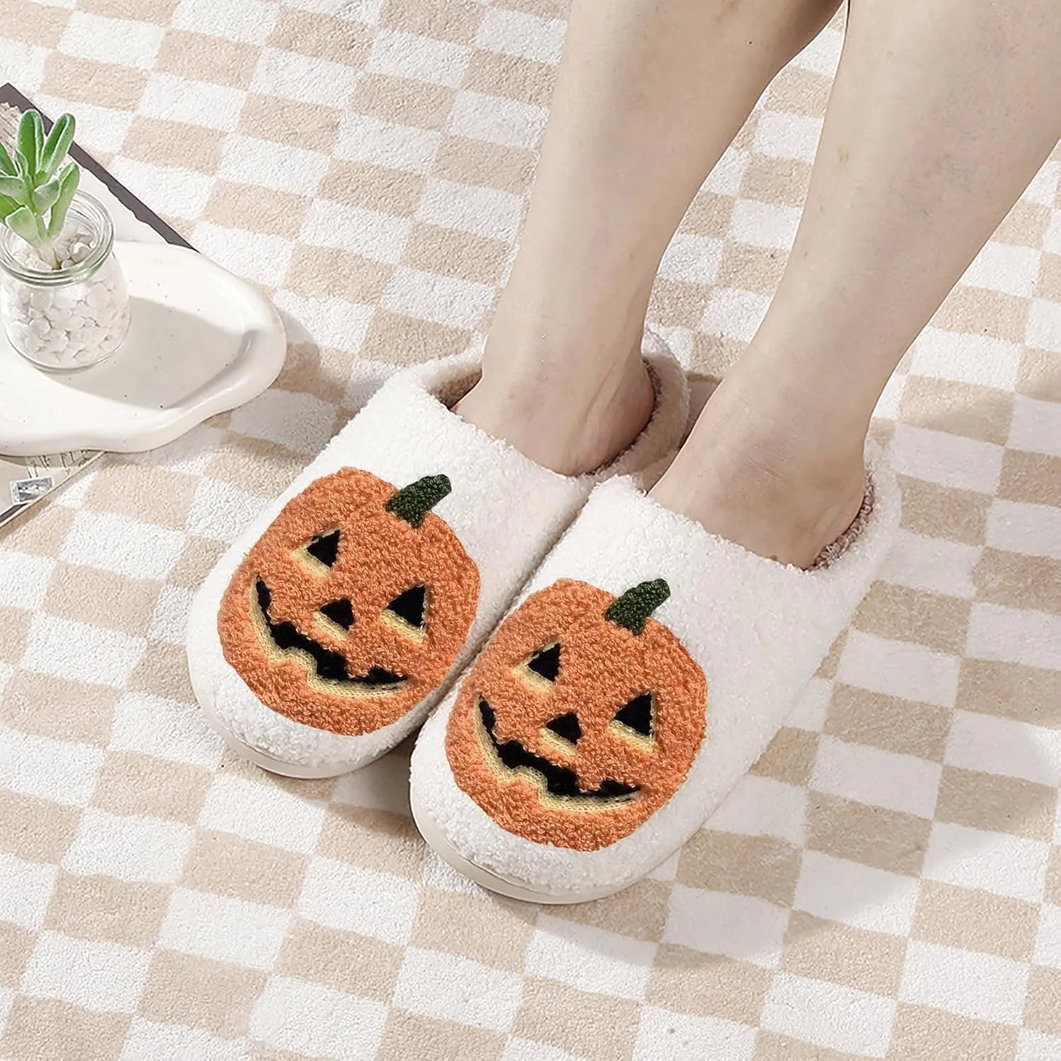 Halloween Pumpkin Slippers for Womens Mens Plush Warm Spooky Lantern Pumpkin Slippers House Shoes