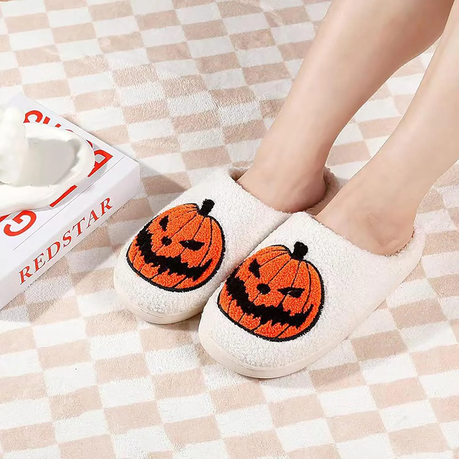 Halloween Pumpkin Slippers for Womens Mens Plush Warm Spooky Lantern Pumpkin Slippers House Shoes