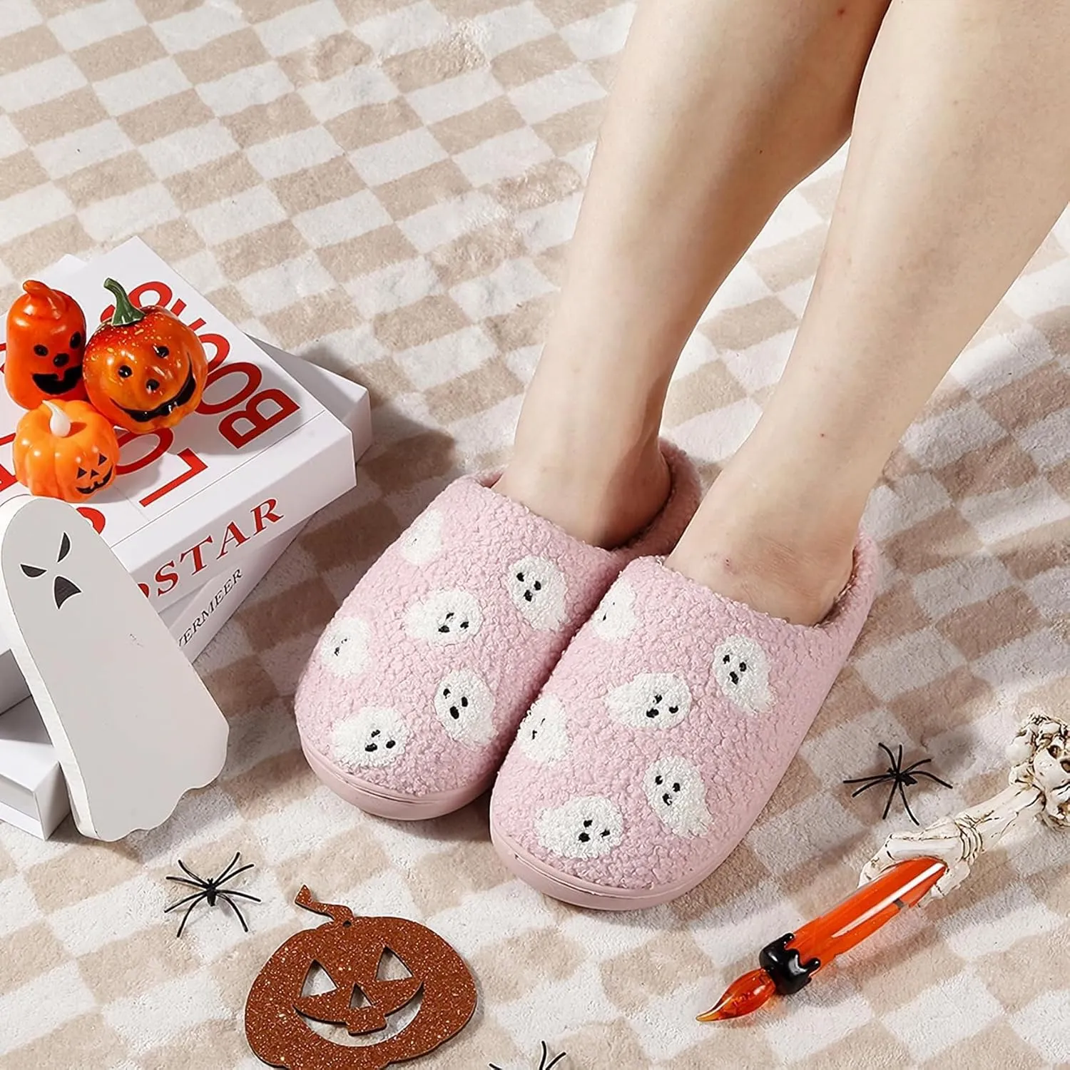 Halloween Pumpkin Slippers for Womens Mens Plush Warm Spooky Lantern Pumpkin Slippers House Shoes