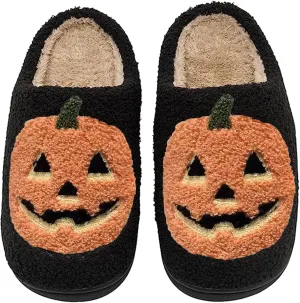 Halloween Pumpkin Slippers for Womens Mens Plush Warm Spooky Lantern Pumpkin Slippers House Shoes