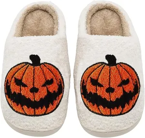 Halloween Pumpkin Slippers for Womens Mens Plush Warm Spooky Lantern Pumpkin Slippers House Shoes