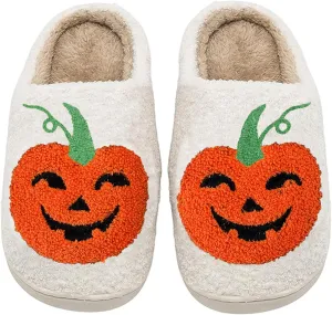 Halloween Pumpkin Slippers for Womens Mens Plush Warm Spooky Lantern Pumpkin Slippers House Shoes