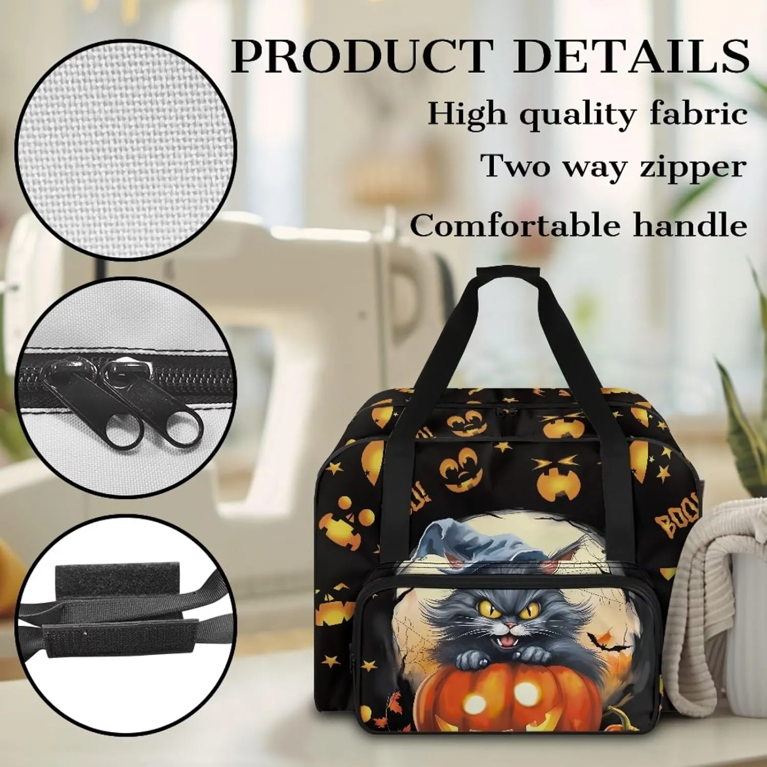 Halloween Sewing Machine Tote Bag Protector Travel Bag Organizer with Compartments and Pockets, Sewing Box Storage Bag Fits for Most Sewing Machines (Bag Only), Cat Jack-O'-Lantern