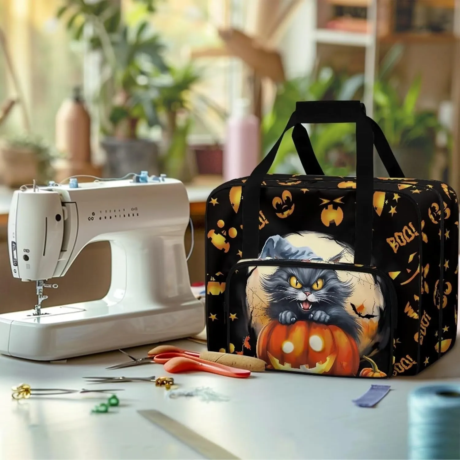 Halloween Sewing Machine Tote Bag Protector Travel Bag Organizer with Compartments and Pockets, Sewing Box Storage Bag Fits for Most Sewing Machines (Bag Only), Cat Jack-O'-Lantern