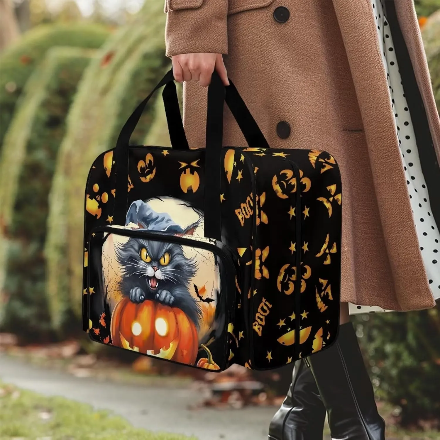 Halloween Sewing Machine Tote Bag Protector Travel Bag Organizer with Compartments and Pockets, Sewing Box Storage Bag Fits for Most Sewing Machines (Bag Only), Cat Jack-O'-Lantern