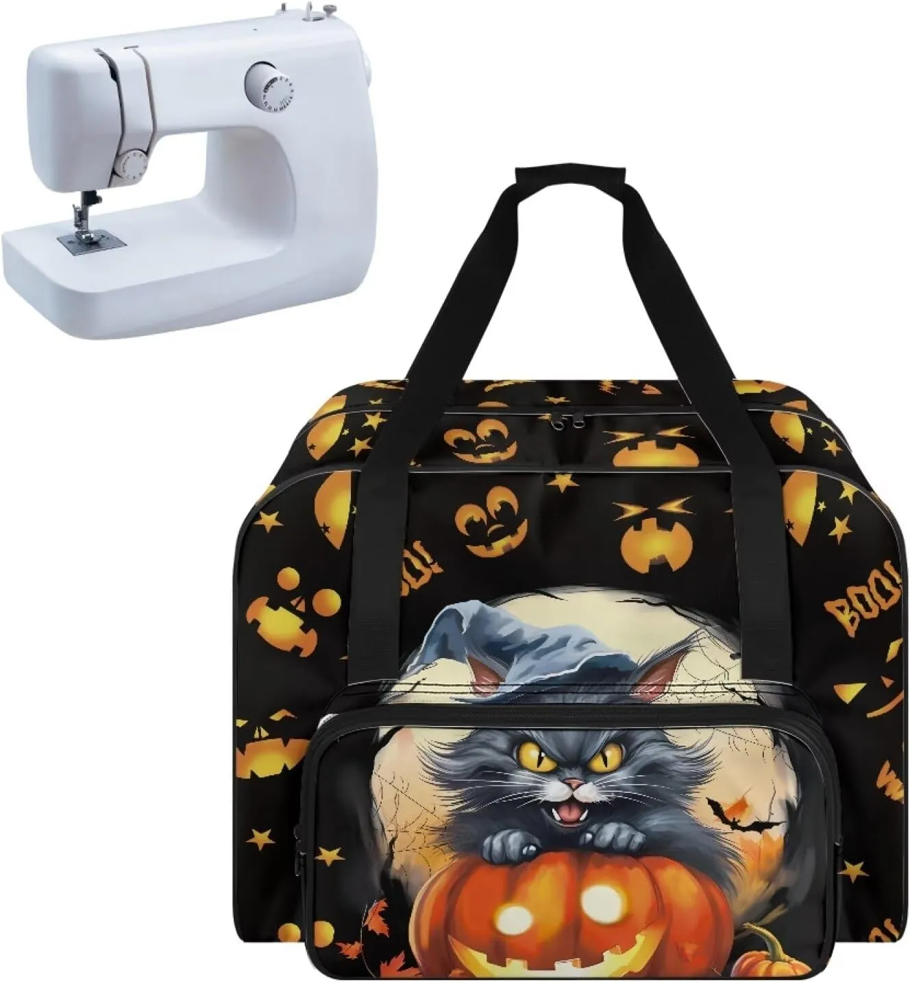 Halloween Sewing Machine Tote Bag Protector Travel Bag Organizer with Compartments and Pockets, Sewing Box Storage Bag Fits for Most Sewing Machines (Bag Only), Cat Jack-O'-Lantern