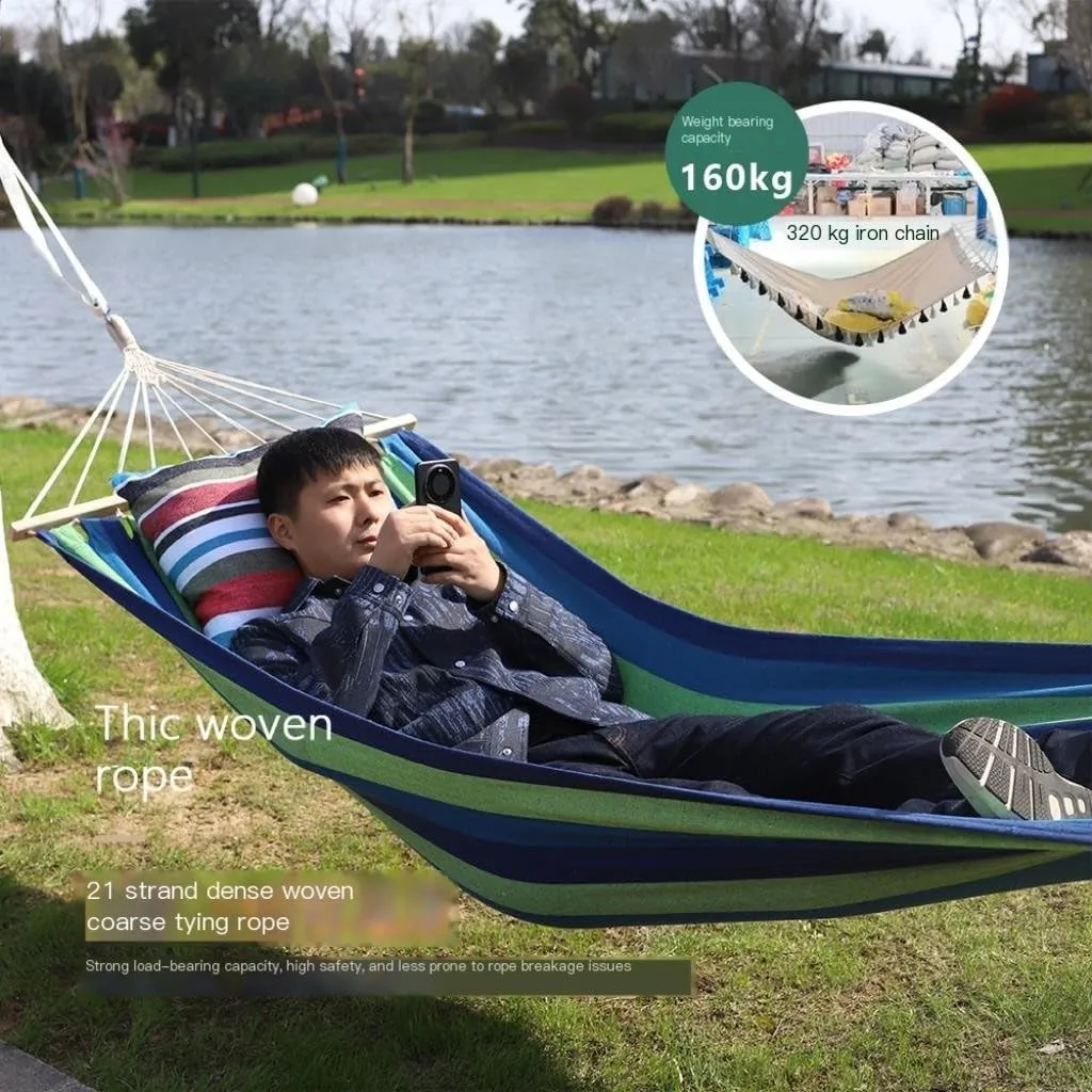 Hammocks Outdoor Hammock Camping Canvas Straight Wooden Stick Anti-Rollover Leisure Single and Double Swing Room Camping Hammocks(A)