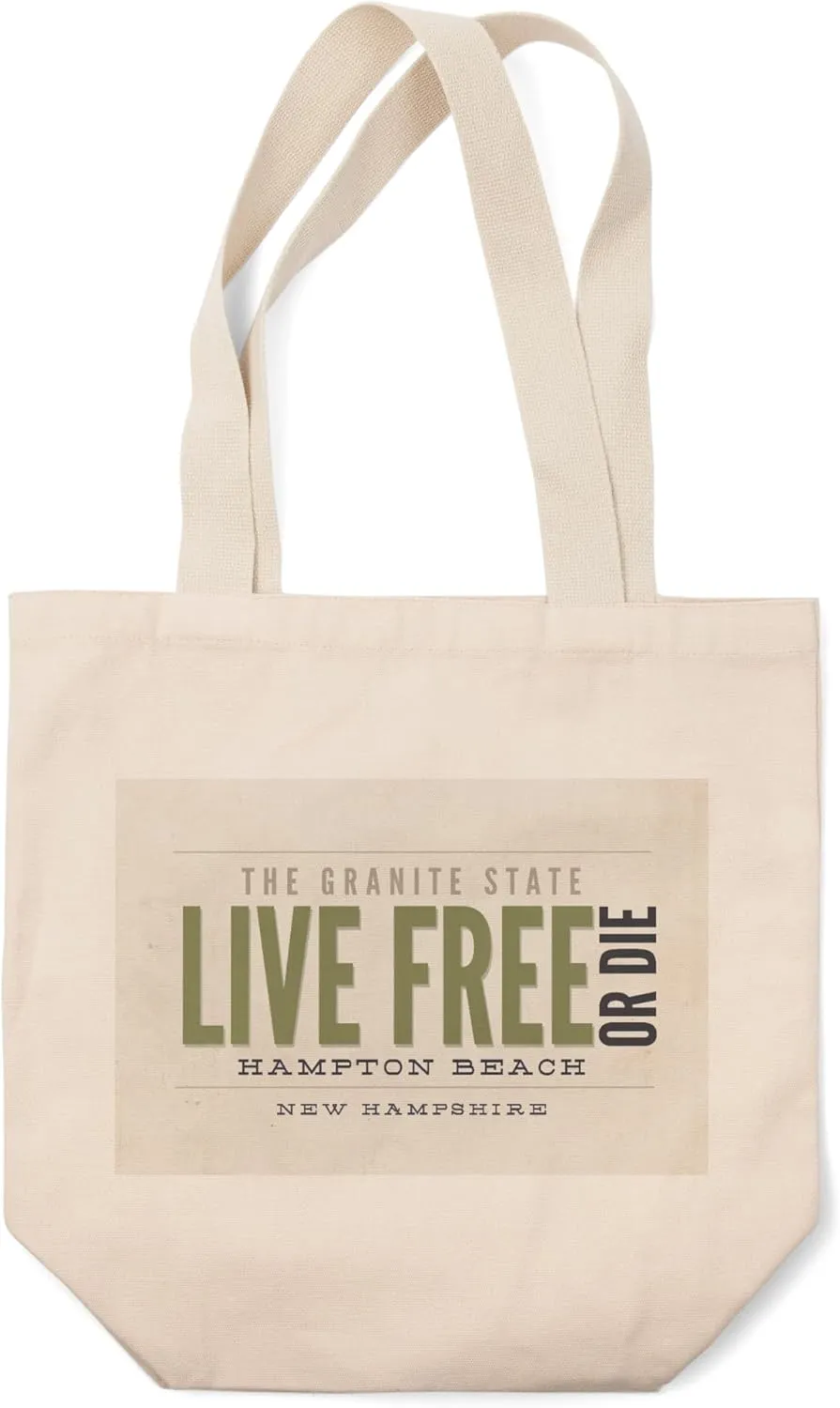 Hampton Beach, New Hampshire, Live Free or Die, Tan and Green, The Granite State (100% Cotton Canvas Reusable Tote Bag)
