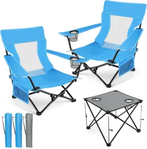 HaSteeL Folding Beach Chair Set of 3, Foldable Blue Camping Chairs & Grey Table for Outside, Low Beach Chair Portable for Adults Fishing, Picnic, Outdoor BBQ, Travel, Sports, Cup Holder & Storage Bag