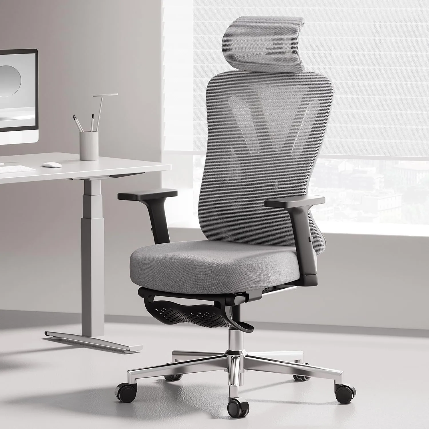 Hbada Office Chair, Desk Chair with Adjustable Lumbar Support and Height, Comfortable Mesh Computer Chair with Footrest 2D Headrest, Swivel Tilt Function Grey