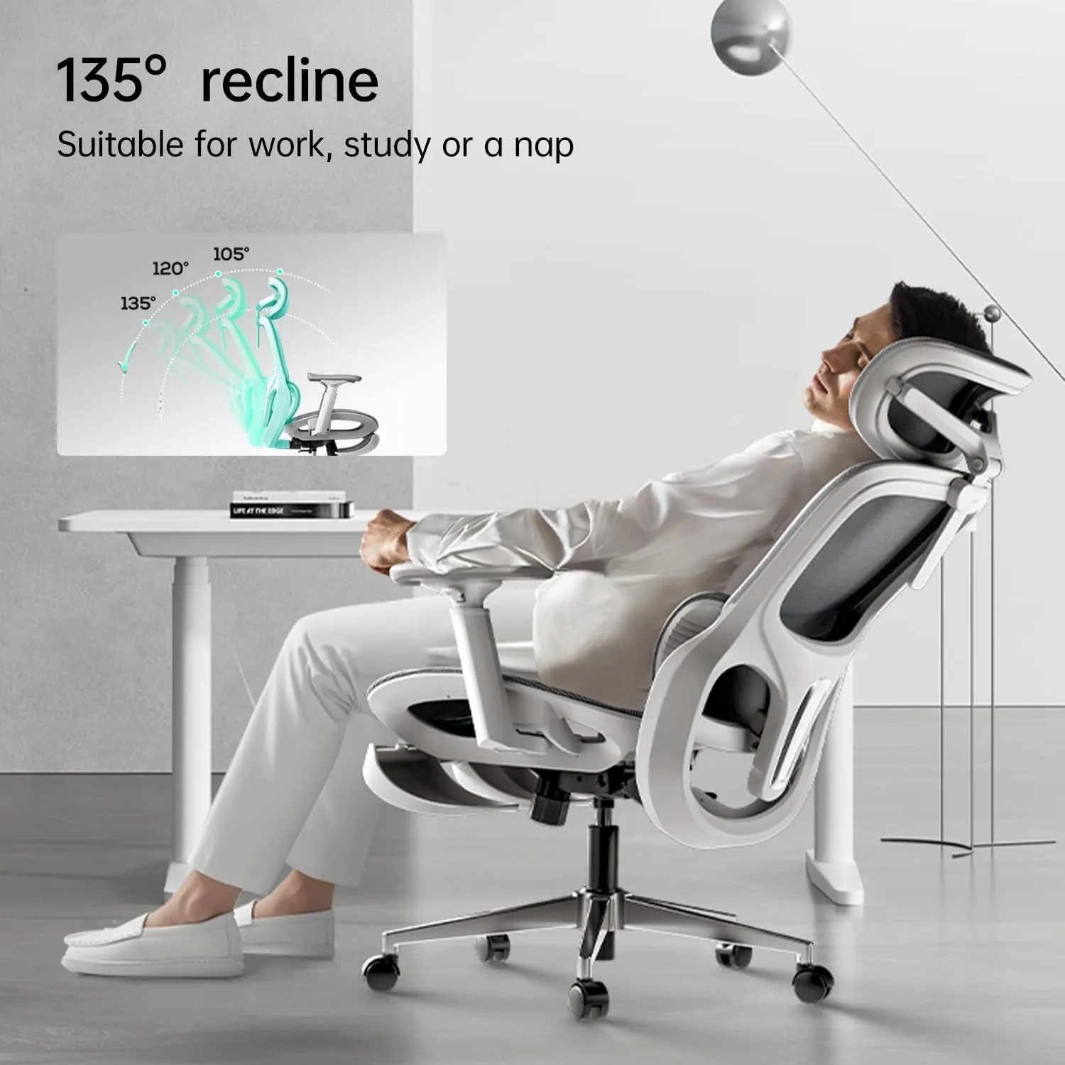 Hbada P2 Ergonomic Office Chair, Office Chair with 3D Lumbar Support, Mesh Chairs with 3D 360° Rotation Arms & 3D Headrest, 135° Stepless Tilt Function, White(with Footrest)