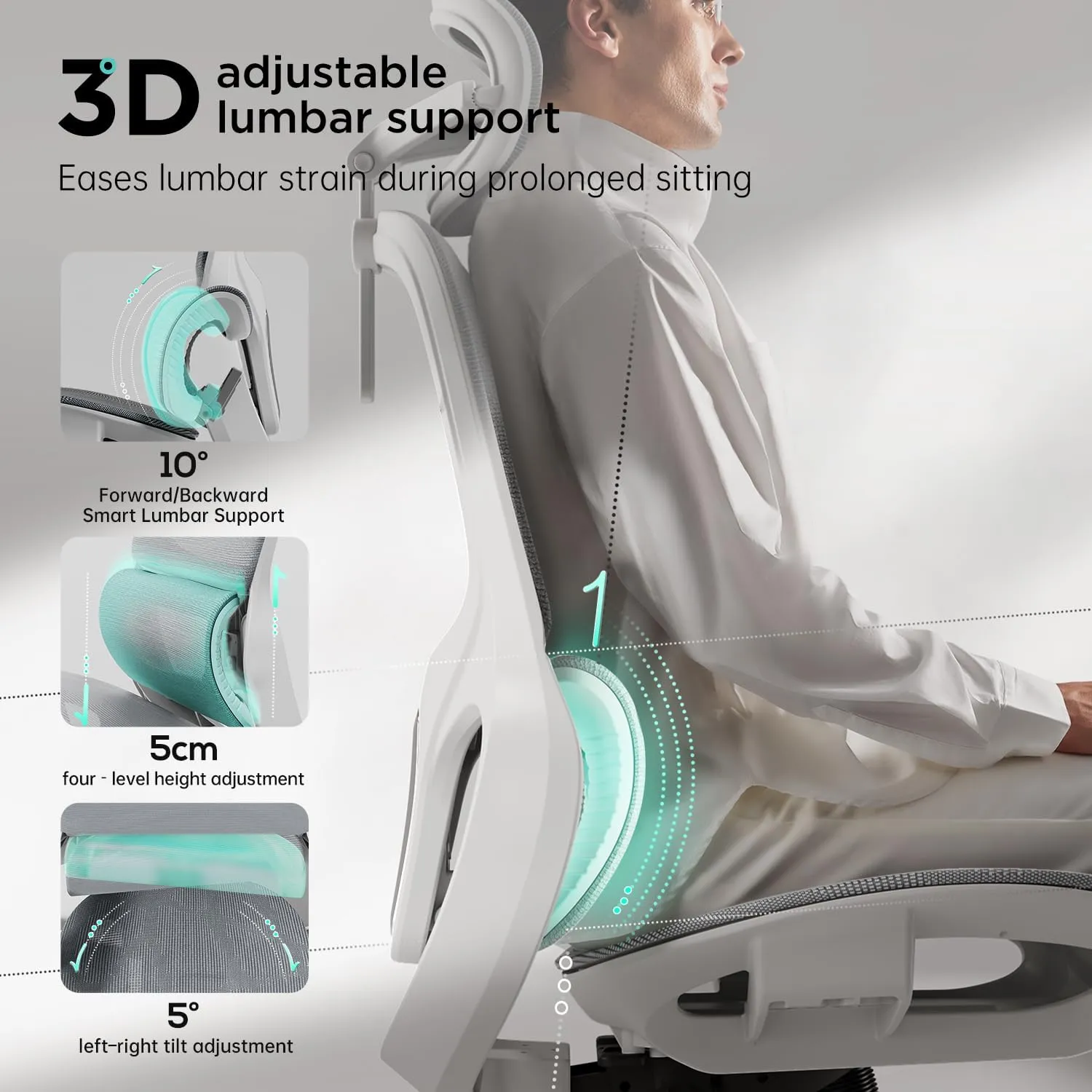 Hbada P2 Ergonomic Office Chair, Office Chair with 3D Lumbar Support, Mesh Chairs with 3D 360° Rotation Arms & 3D Headrest, 135° Stepless Tilt Function, White(with Footrest)