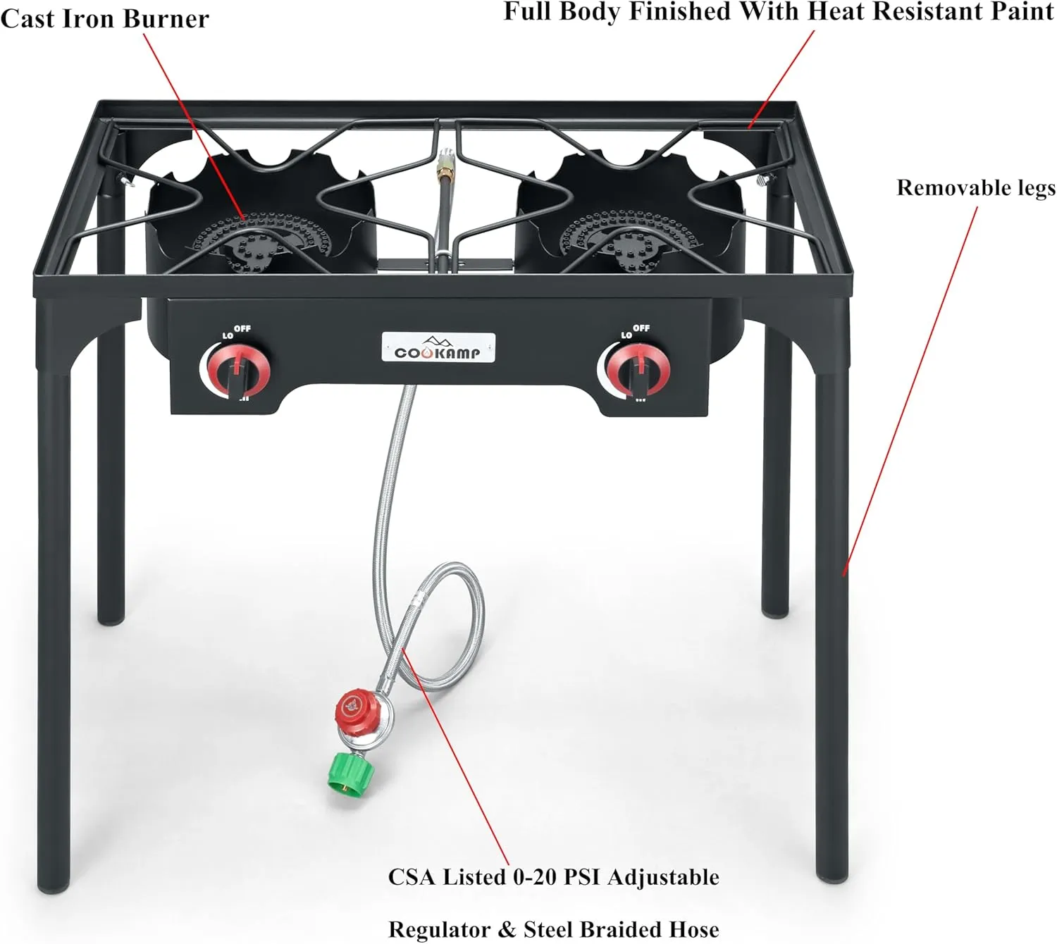 High Pressure Double Propane Burner Outdoor Camping Stove with 0-20 PSI Adjustable Regulator and Steel Braided Hose (Two Burner Stove)