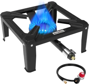 High Pressure Propane Burner, 120000 BTU Single Propane Stove with 4.1ft 0-20Psi Adjustable Hose with Regulator, 16" Square Steel Cooktop for Camping