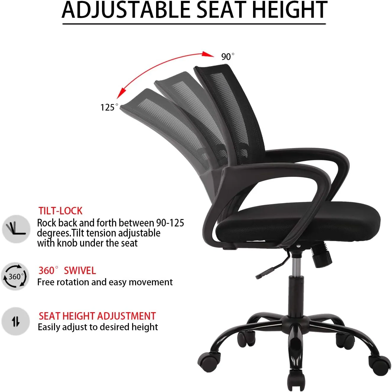 Home Office Chair, Ergonomic Desk Chair, Mesh Computer Chair with Lumbar Support Armrest Executive Rolling Swivel Desk Chairs with Wheels, Adjustable Mid Back Task Chair for Adults, Black