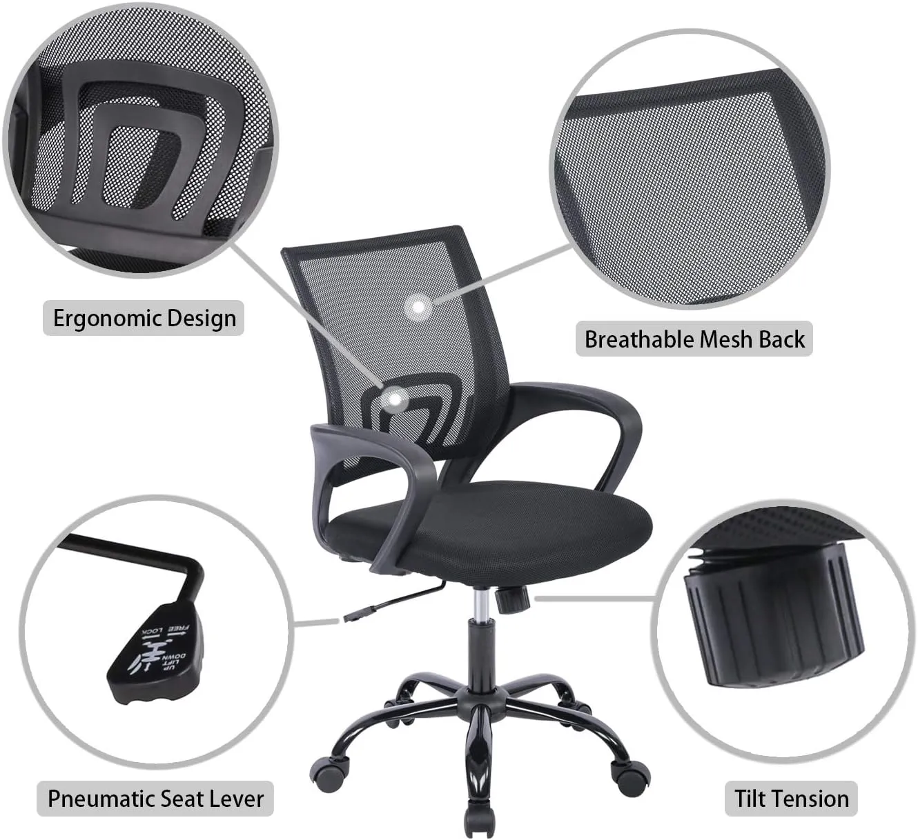 Home Office Chair, Ergonomic Desk Chair, Mesh Computer Chair with Lumbar Support Armrest Executive Rolling Swivel Desk Chairs with Wheels, Adjustable Mid Back Task Chair for Adults, Black