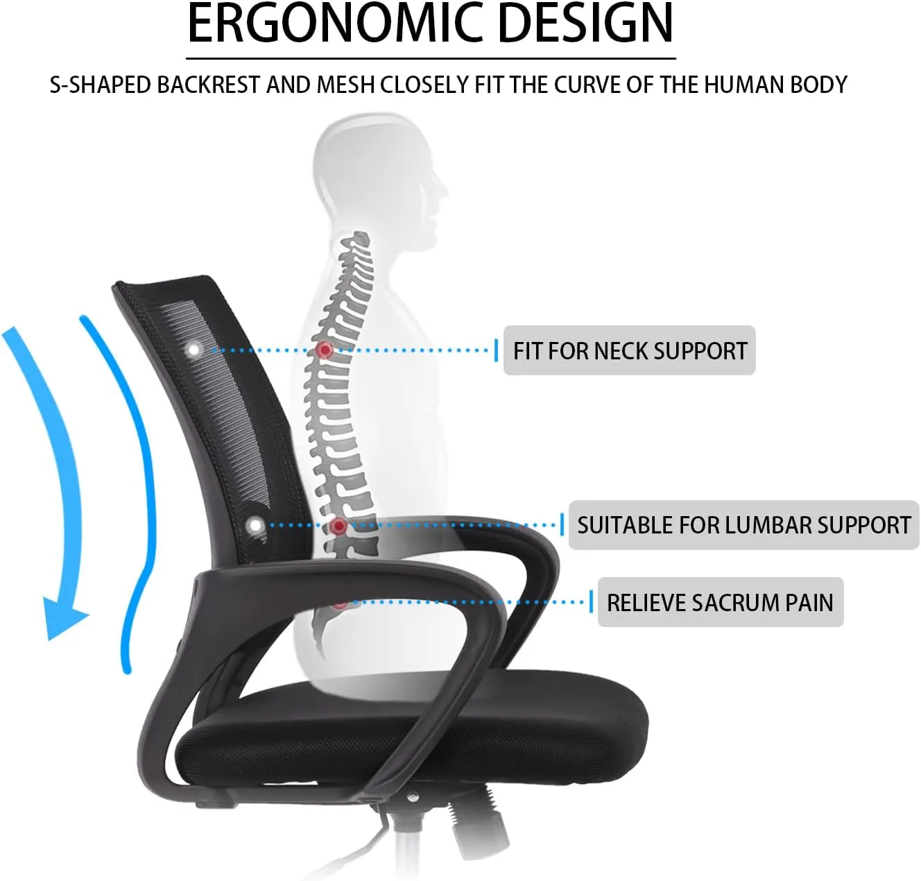 Home Office Chair, Ergonomic Desk Chair, Mesh Computer Chair with Lumbar Support Armrest Executive Rolling Swivel Desk Chairs with Wheels, Adjustable Mid Back Task Chair for Adults, Black