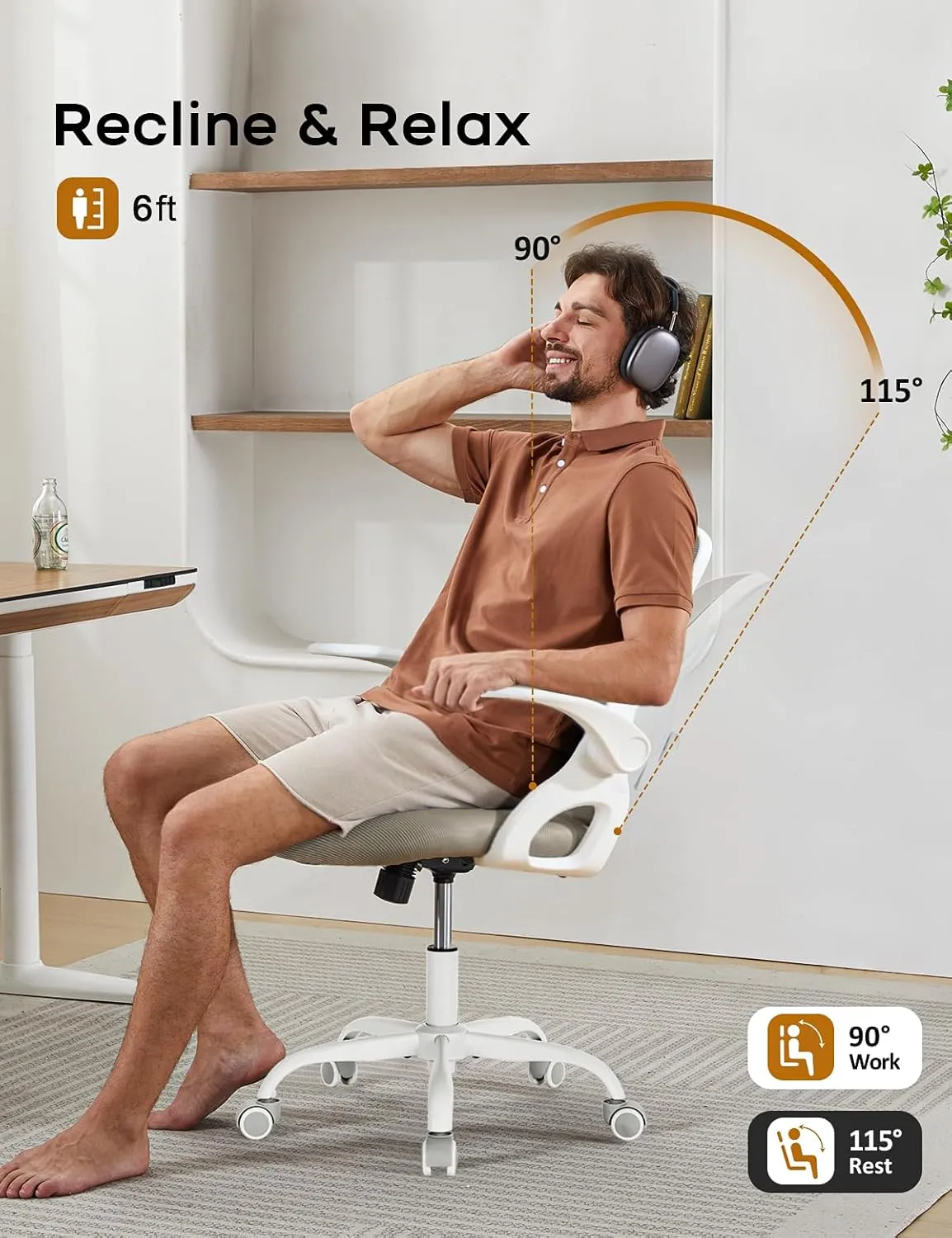 Home Office Chair, Ergonomic Mesh Desk Chair with Adjustable Lumbar Support, Flip-up Arm Rocking Swivel, Mid-Back Comfy Computer Chair (White-Gray)