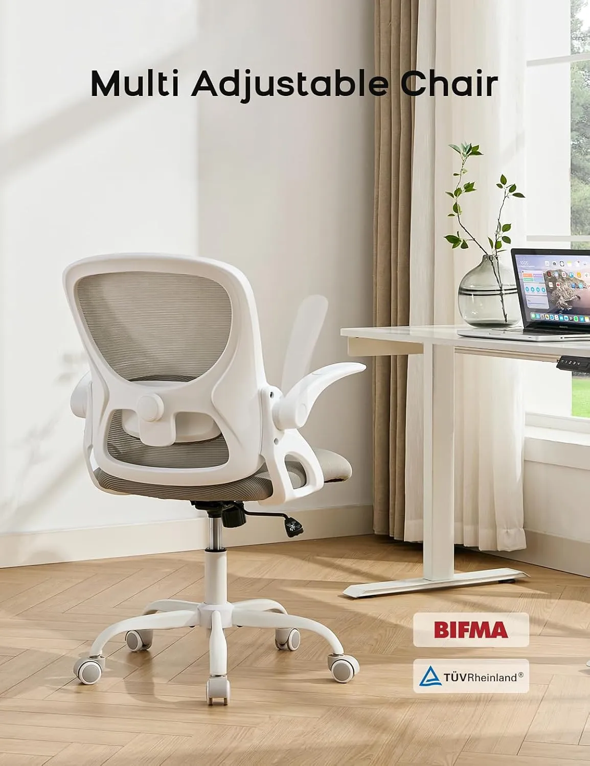 Home Office Chair, Ergonomic Mesh Desk Chair with Adjustable Lumbar Support, Flip-up Arm Rocking Swivel, Mid-Back Comfy Computer Chair (White-Gray)