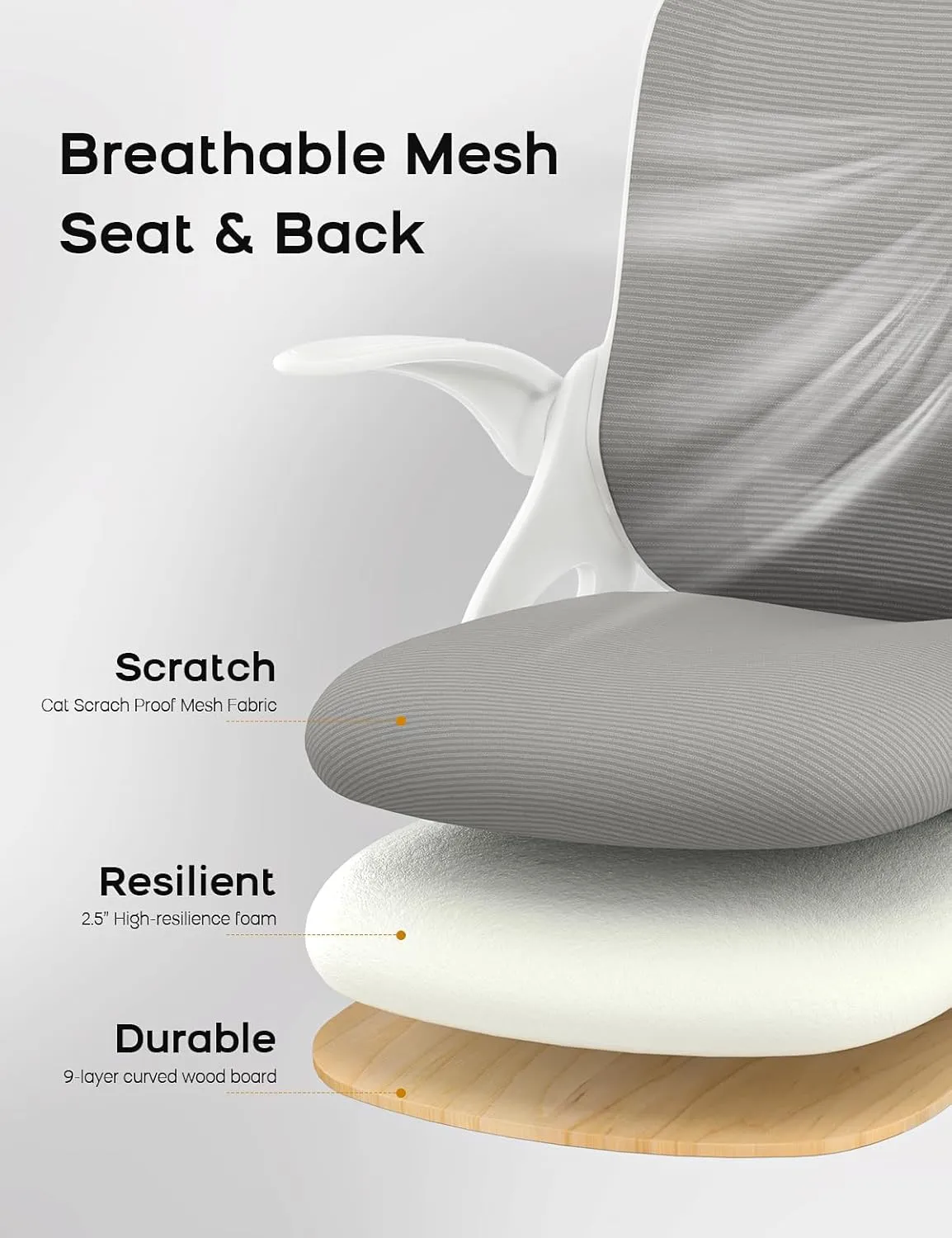 Home Office Chair, Ergonomic Mesh Desk Chair with Adjustable Lumbar Support, Flip-up Arm Rocking Swivel, Mid-Back Comfy Computer Chair (White-Gray)