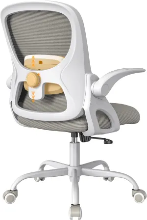 Home Office Chair, Ergonomic Mesh Desk Chair with Adjustable Lumbar Support, Flip-up Arm Rocking Swivel, Mid-Back Comfy Computer Chair (White-Gray)