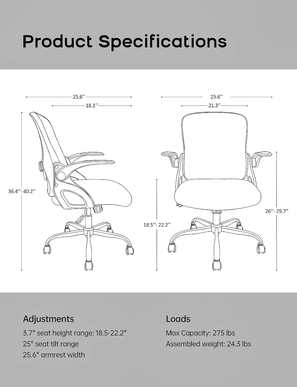 Home Office Chair, Ergonomic Mesh Desk Chair with Adjustable Lumbar Support, Flip-up Arm Rocking Swivel, Mid-Back Comfy Computer Chair (White-Gray)