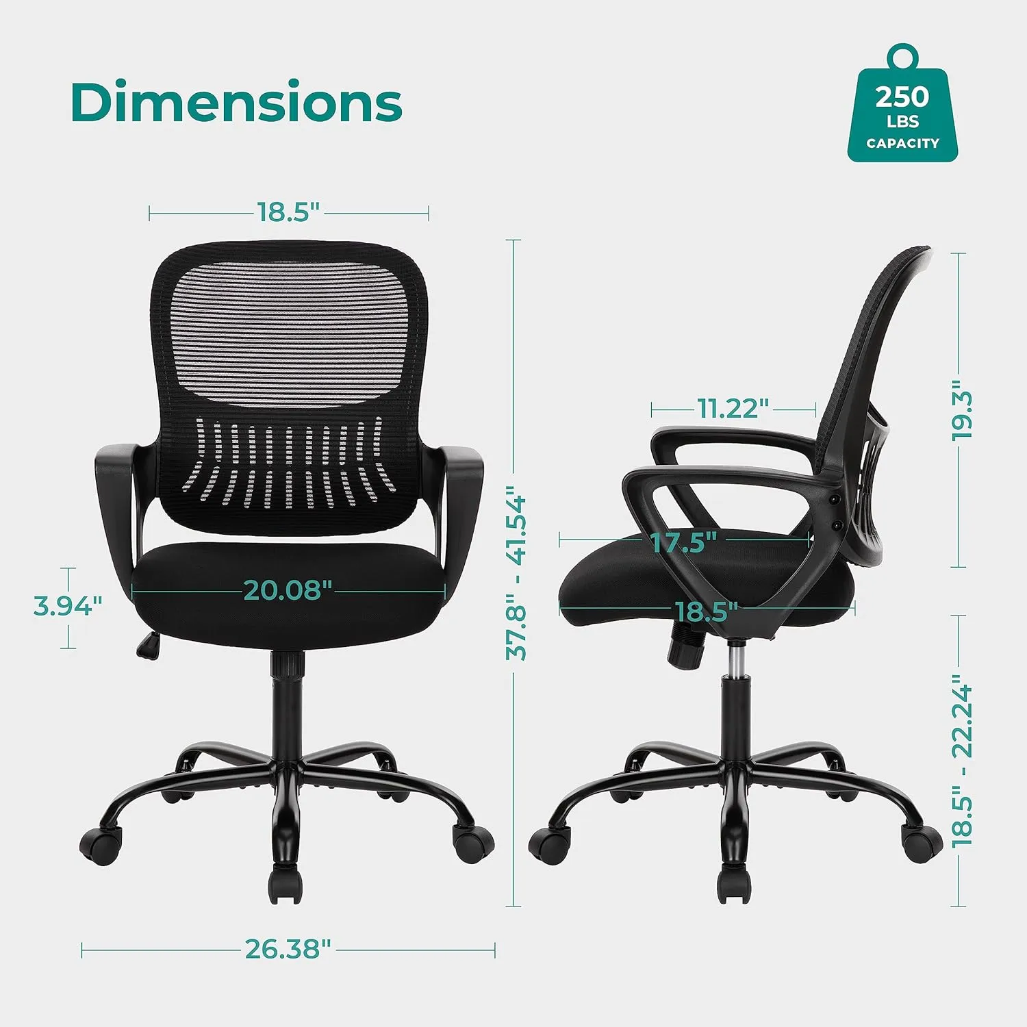 Home Office Computer Desk Chair, Ergonomic Mid-Back Mesh Rolling Work Swivel Task Chairs with Wheels, Comfortable Lumbar Support, Comfy Arms for Bedroom, Study, Dorm, Student