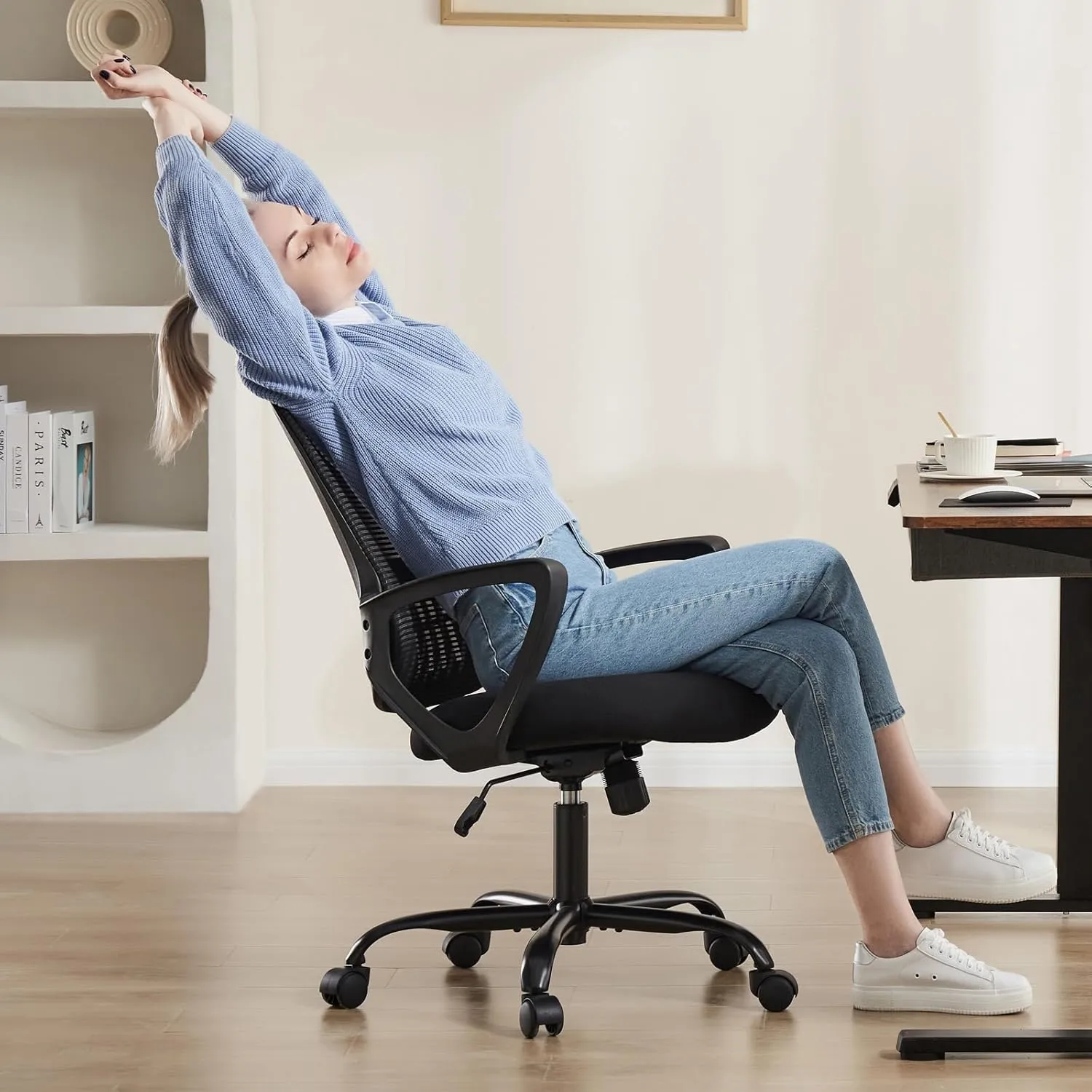 Home Office Computer Desk Chair, Ergonomic Mid-Back Mesh Rolling Work Swivel Task Chairs with Wheels, Comfortable Lumbar Support, Comfy Arms for Bedroom, Study, Dorm, Student