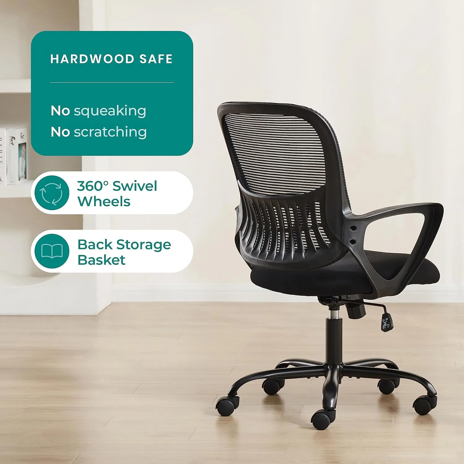 Home Office Computer Desk Chair, Ergonomic Mid-Back Mesh Rolling Work Swivel Task Chairs with Wheels, Comfortable Lumbar Support, Comfy Arms for Bedroom, Study, Dorm, Student