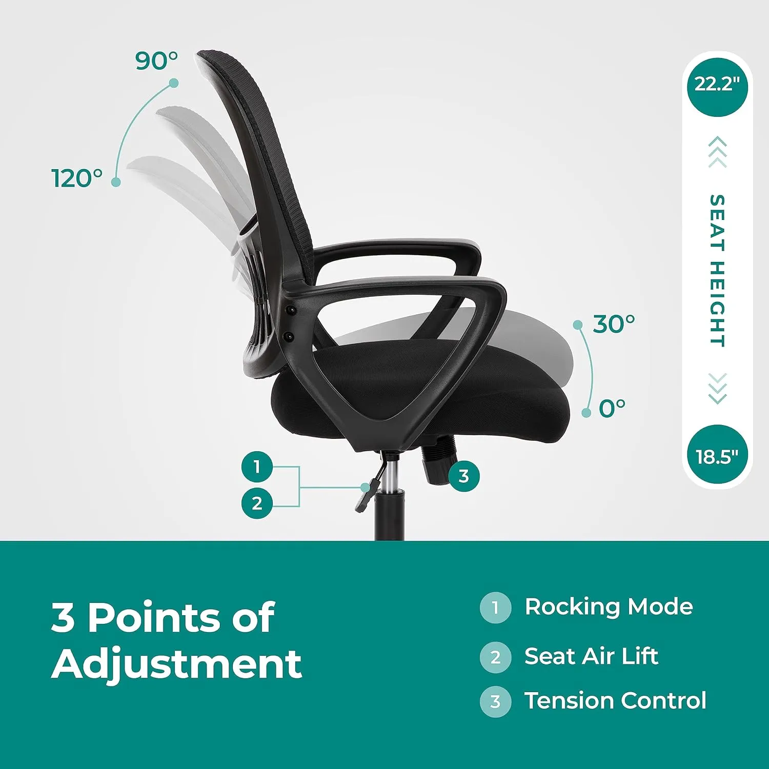 Home Office Computer Desk Chair, Ergonomic Mid-Back Mesh Rolling Work Swivel Task Chairs with Wheels, Comfortable Lumbar Support, Comfy Arms for Bedroom, Study, Dorm, Student