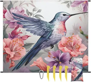 Hummingbird Beach Blanket, Sandproof Beach Mat, 68 x 59 Waterproof Quick Drying Sand Free Mat with 4 x Ground Spikes for Outdoor Travel Camping Hiking, Rural Flowers Bird