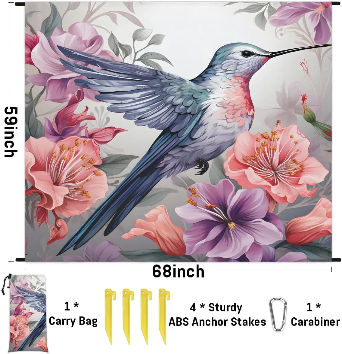 Hummingbird Beach Blanket, Sandproof Beach Mat, 68 x 59 Waterproof Quick Drying Sand Free Mat with 4 x Ground Spikes for Outdoor Travel Camping Hiking, Rural Flowers Bird